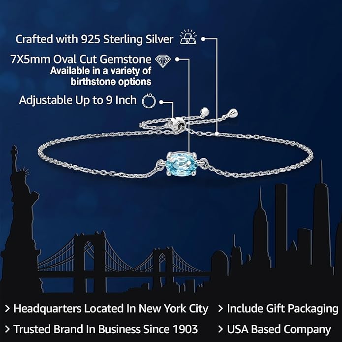 Gem Stone King 7X5MM Oval Gemstone Birthstone Solitaire Bracelet For Women | 925 Sterling Silver | Adjustable Bolo Bracelet For Women | Fine Jewelry Gifts for Her Mom Wife