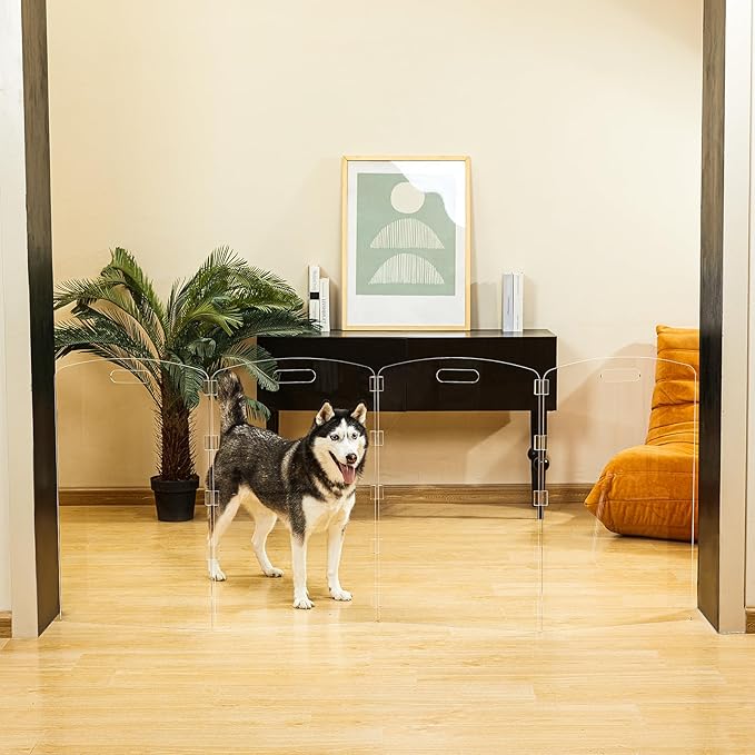 Modern Frame Clear Acrylic Freestanding Dog Gate - 32" Tall Extra-Wide Folding 4-Panel Pet Barrier for Doorways, Stairs & Large Openings, Indoor Fence for Small to Large Dogs & Cats