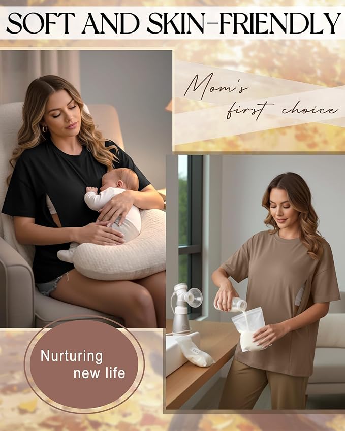3 Pack Women's Oversize Nursing Breastfeeding Shirts Hidden Zipper Short Sleeve Loose Fit Maternity Tops