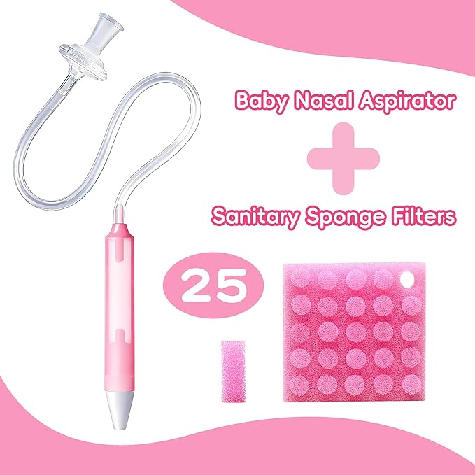 Baby Nasal Aspirator with 25 Hygiene Filters, Soft Silicone Tips Nose Cleaning Tweezer for Infants and Toddlers,Pink