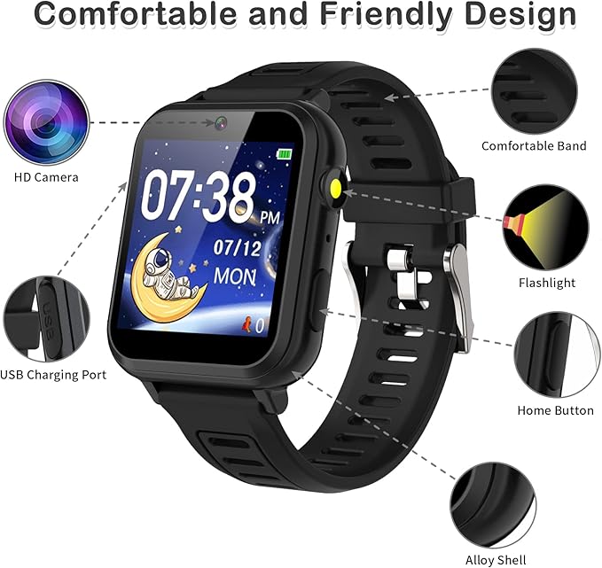 Phyulls Smart Watch for Kids, Smart Watch Toys with 39 Games Camera Video Recorder Music Alarm Calculator Calendar Flashlight Stopwatch Pedometer Gift Toys for 3-12 Years Old Boys and Girls (Black)