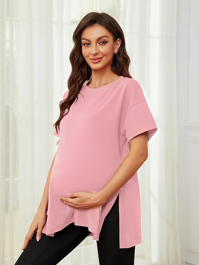 Ecavus Women's Casual Maternity Shirts Split Side Pregnancy Tops Blouses Short Sleeve Loose Fit Maternity Clothes