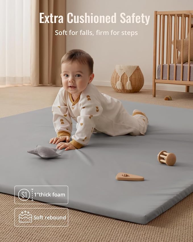 Blissful Diary Vegan Leather Baby Play Mat, 71x59 Thicken Foam Cushioned & Waterproof Playpen Mat for Infants and Toddlers, Stylish and Just Wipe-Clean Playmat for Baby Play on Floor, Light Gray