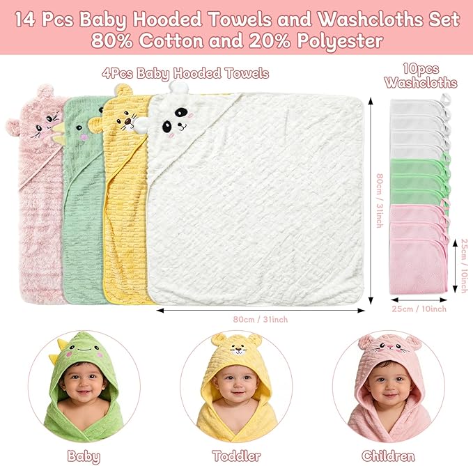 14 PCS Baby Bath Towels Set for Girls, 4 PCS Animal Hooded Towels & 10 PCS Washcloths, Ultra Soft & Absorbent Newborn Infant Toddler Towels in Pink Green Yellow White