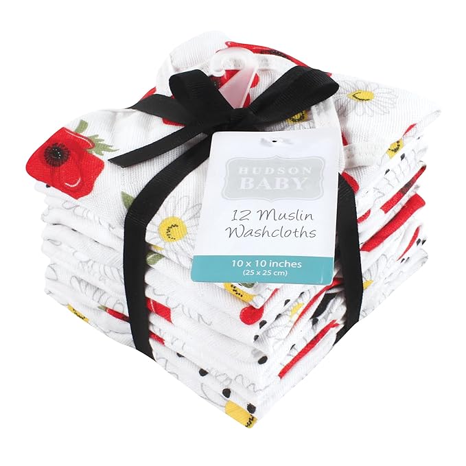 Hudson Baby Unisex Baby Cotton Muslin Washcloths, Poppy Daisy, One Size