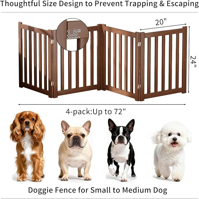 4-Panel Solid Wood Dog Gate - Freestanding Folding Pet Gate for Doorways, Stairs, Indoor, 24" Height, No Installation Needed, Walnut