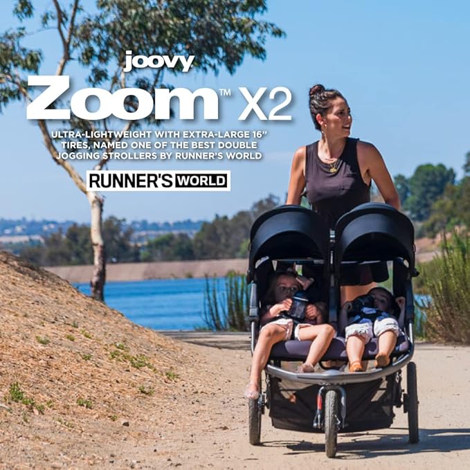 Joovy Zoom X2 Lightweight Performance Double Jogging Stroller Featuring Extra-Large Pneumatic Tires with Air Pump Included, Locking and Swiveling Front Tire, and Easy One-Handed Fold, Forged Iron