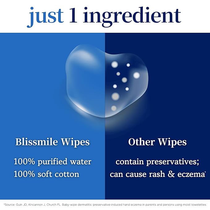 blissmile 100% Water & Cotton Wet Wipes Travel Size - Individually Wrapped - Fragrance & Preservative-Free for Baby, Women & Sensitive Skin - Gentle Hand, Face, Body & Feminine Care - 110 Count