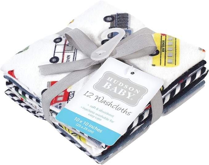 Hudson Baby Unisex Baby Flannel Cotton Washcloths, Going Places 12 Pack, One Size