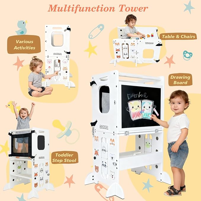 4-in-1 Toddler Kitchen Stool Helper, CPC Certified Foldable Toddler Tower, Learning Wooden Tower with Support Feet and Chalkboard, Anti-Drop Structure, Safe Design for Kids, White