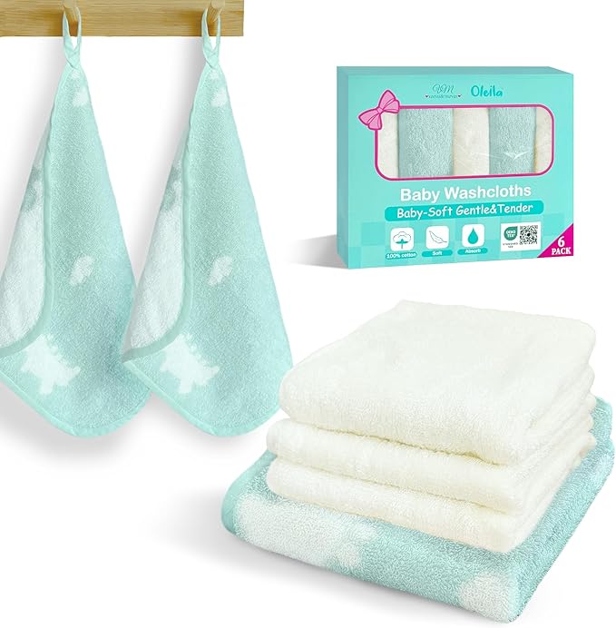 VOOVA & MOVAS Dino & Ivory Baby Washcloths | 12x12 Inches | Highly Absorbent | 6 Pack 100% Cotton | Ultra-Soft Newborn Towels | Perfect Set,Baby Essentials |Dino & Ivory Colors