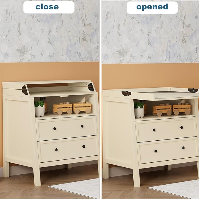 UbabyNest Baby Changing Table with Foldable Tabletop, Baby Dresser with 2 Wide Drawers & Open Storage Space, Modern Diaper Changing Station, Perfect for Nursery, Beige (Pad Not Included)