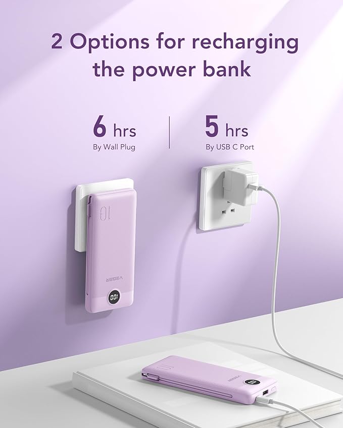 VEGER Portable Charger with Built-in AC Plug and Cables, All in One 10000mAh Ultra Slim Power Bank Travel Essentials, 15W Fast Charging Battery Pack Compatible with iPhone, Samsung, Android (Purple)