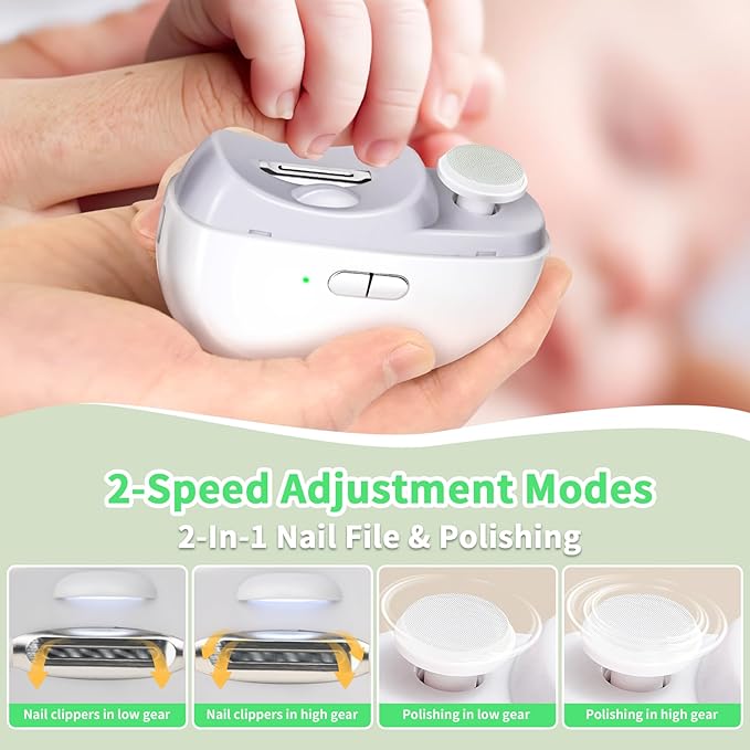 Electric Nail Clipper 3 in 1 Design, Automatic Baby Nail Trimmer Suitable for Night Lighting During Baby sleepwith Light & Featuring Two speeds Suitable for Infants, Children and The Elderly
