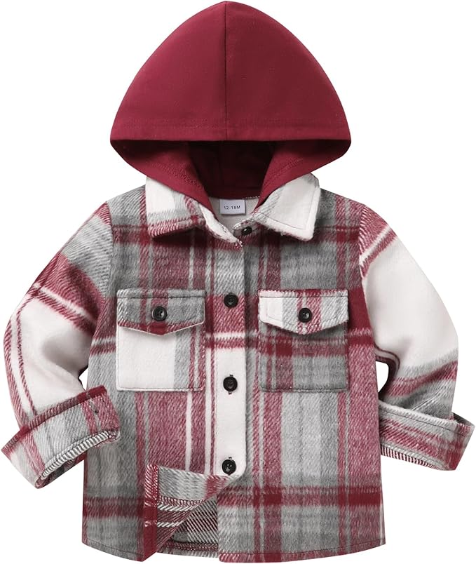 YOUNGER STAR Toddler Kids Boys Girls Flannel Hooded Plaid Shirt Button Baby Red Clothes