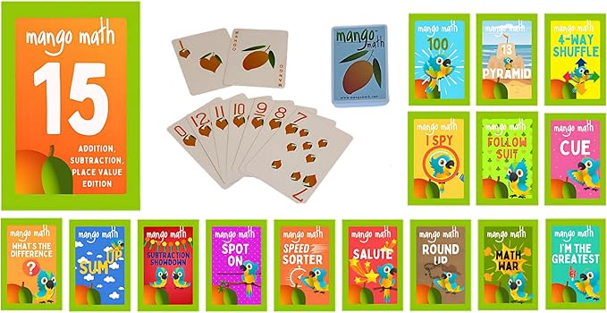 MANGO Math 15® - Math Flash Cards - Educational Math Games for Kids - Addition, Subtraction, Place Value Play & Learning Kit -2nd 3rd 4th Grades - Kids 6-12 - Set of 15 Games - English Version