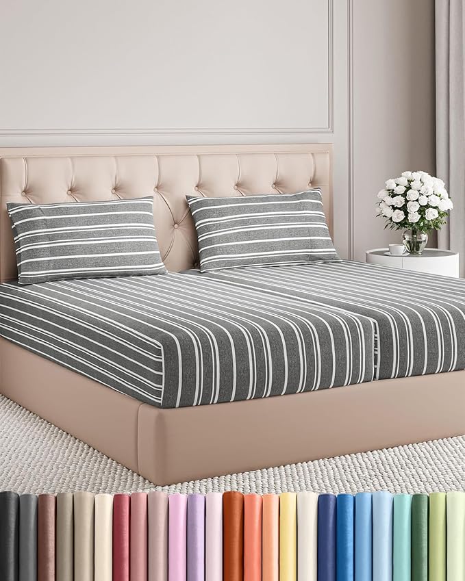 Split King Size 5 Piece Sheet Set - Comfy Breathable & Cooling Bed Sheets Set - Hotel Luxury Bedding for Women, Men, Kids, Teens, Boys & Girls - Deep Pockets & Wrinkle Free - Oeko-Tex - Grey Stripes 3