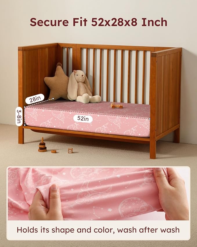 Baby Crib Sheets for Boys Girls, 28x52x8in Fitted Crib Sheet Neutral 3 Pack for Standard Crib and Toddler Mattress, Breathable Soft Microfiber Baby Sheet Pink White Moon