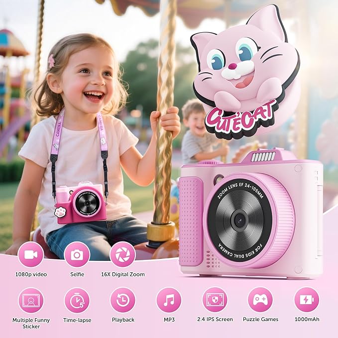 Kids Camera, Christmas Birthday Gifts for Boys Girls Age 3-12,Upgrade HD Flip Digital Video Cameras for Kids, Portable Toys for 3 4 5 6 7 8 9 10 Year Old Childrens with 32GB SD Card-Pink