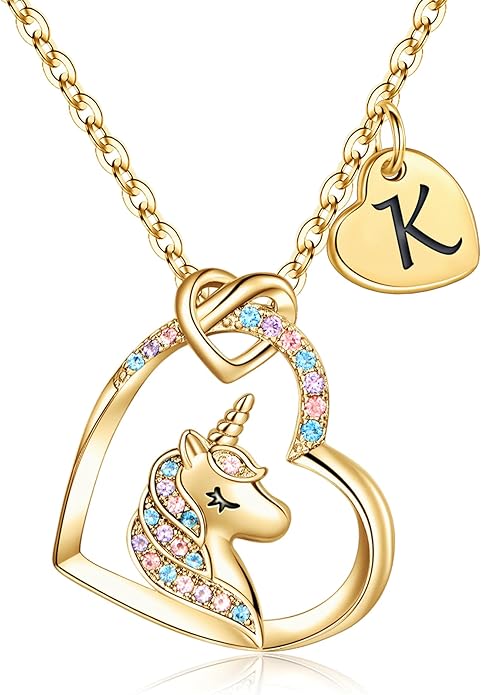 Hidepoo Valentines Gifts for Kids Girls - Unicorn Necklace Gifts for Teen Girls Kid, Colorful CZ Heart Pendant Initial Unicorn Necklaces for Girl Jewelry Birthday Gift for Girl Kid