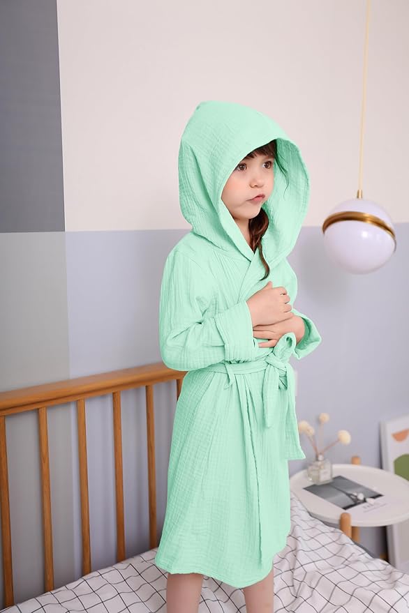 Organic Cotton Toddler Bathrobe, Soft and Breathable Baby Robe for Kid, Boy& Girl Hooded Robe Muslin