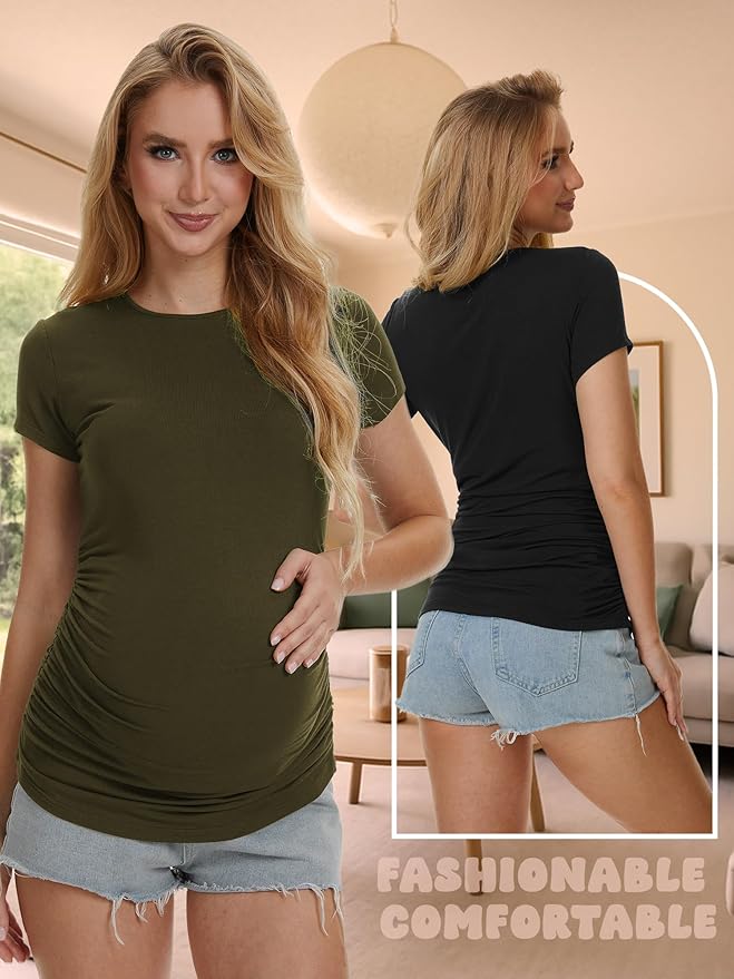 3 Pack Womens Maternity Shirts - Crew Neck Maternity Top Short Sleeve Pregnancy Tee Shirts