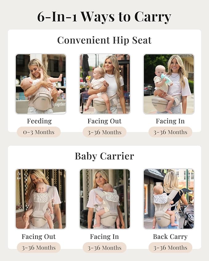 MOMTORY StowNGO Pro Baby Carrier, Safety-Certified 6-in-1 Baby Carrier Newborn to Toddler, Detachable Baby Holder Carrier with Hip Seat, Ergonomic Cozy Baby Body Carrier for 7-50lbs, Khaki