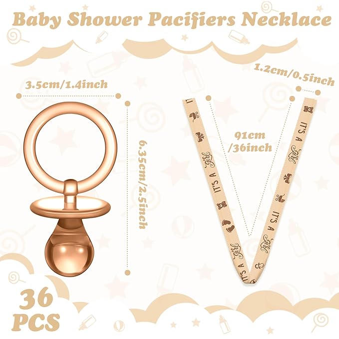 Geiserailie 36 Pcs Baby Shower Pacifiers Necklace Acrylic Pacifiers Necklace Charm Party Favors for Girls Boys Baby Shower Party Decorations Table Scatter(Brown)