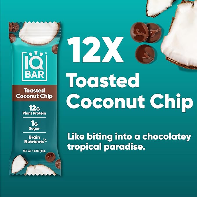 IQBAR Brain and Body Clean Plant Protein Bars - Toasted Coconut Chip - 12 Bars - Keto, Vegan, High Fiber, Gluten and Dairy Free, Low Sugar Snack with Nutrients for Focus, Energy, Meal Replacement