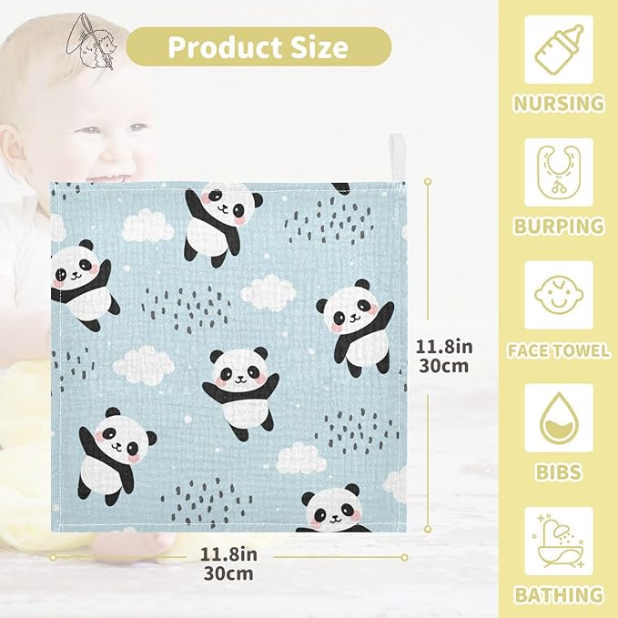 YETTASBIN Panda Muslin Baby Hand Washcloths, Soft Cotton Bath Face Towel, 4 Layers Extra Absorbent Feeding Burp Cloth for Newborn Infant, 5 Pack