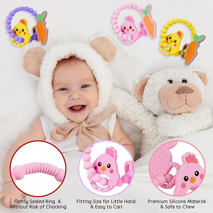Teething Toys, Cute Easter Egg & Hen Colorful Teetning Toy Baby Toy 0-6 Months Infant Teething Toy, Baby Easter Birthday for Baby Teething Toy with Egg Toys Pink