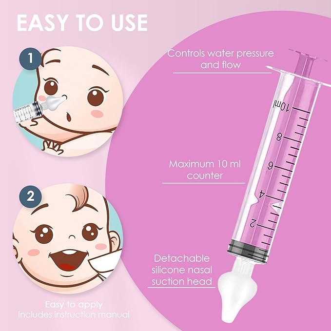 Bluet B - Baby Nasal Syringe (2-Pack) - Safe Silicone Nasal Aspirator for Newborn - Infant Mucus Removal - 10ml Nose Cleaner Syringe for Baby - Toddler Congestion Relief - Reusable Tips - Pink