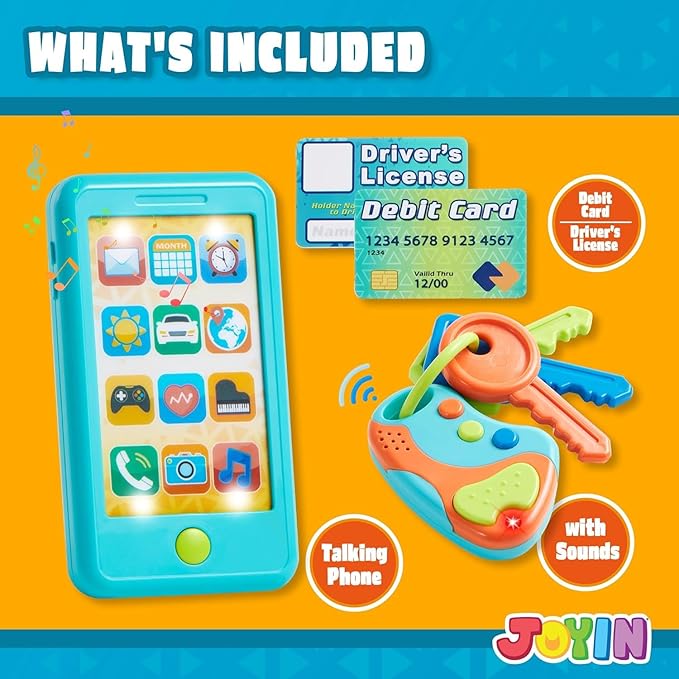 Pretend Toddler Phone, Learning Toy Phone Set,Keyfob Key Toy and Credit Cards Set, Kids Cellphone, Girls Boys Birthday Gifts for 1 2 3 Year Old,Baby Blue, Kids Presents, Easter Basket Stuffers
