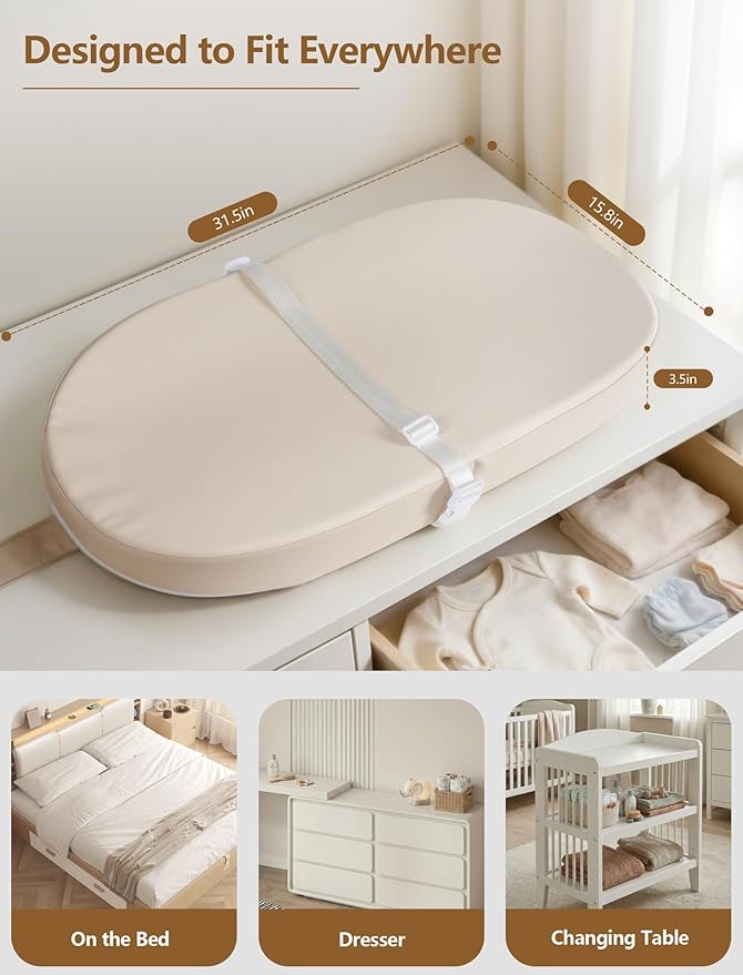 Wipeable Baby Changing Pad: Changing Pad Babies for Dresser Waterproof 31.5” * 15.7” with Removable Safety Strap for Diaper Changing on Table (Creamy White)