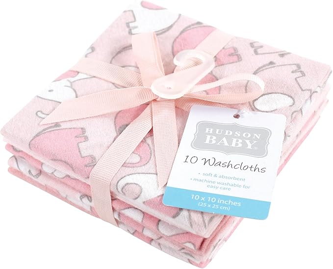Hudson Baby Unisex Baby Flannel Cotton Washcloths 10-Pack, Girl New Elephant, One Size