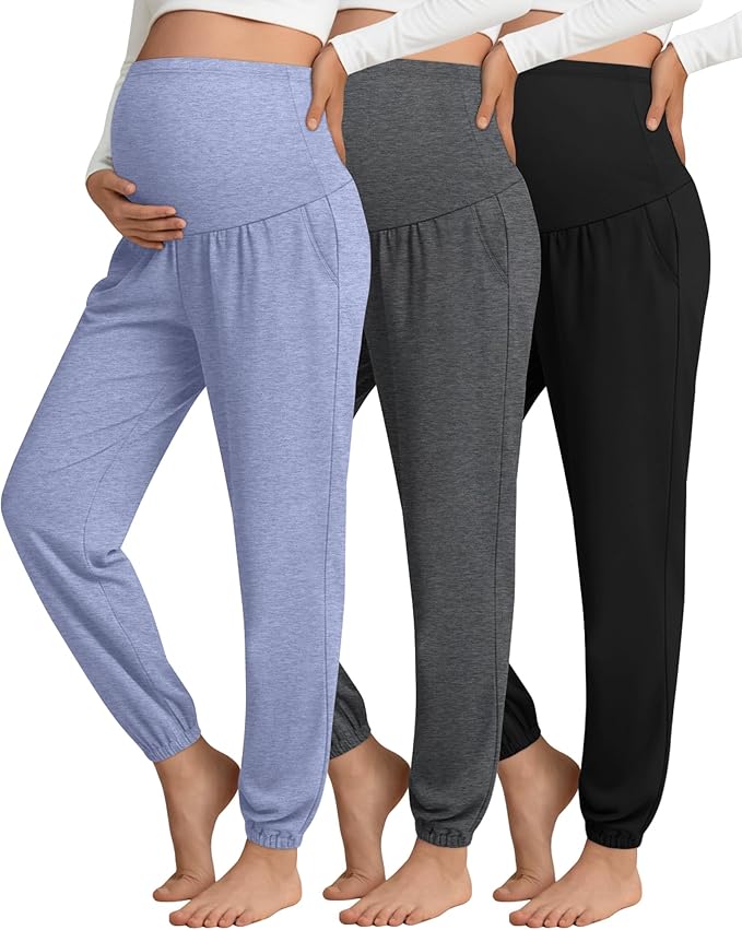 3 Pack Women's Maternity Pants Maternity Jogger Sweatpants Over The Belly Stretchy Pregnancy Pants with Pockets