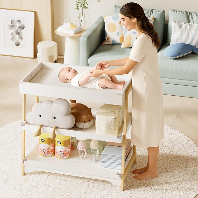 YUFU Baby Changing Table, Portable Diaper Changing Table with Changing Pad, Baby Diaper Changing Station with 2 Tier Storage Shelves for Newborn Baby and Infant, White/Natural