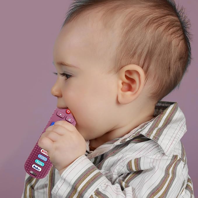 SOLIFEGOBLE 2 Pack Baby Teether Toys,Silicone Remote Teether for Babies,Baby TV Remote Toys,Infant Chew Toys for Babies Chew Toys (Black + Pink)