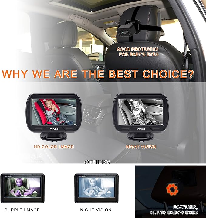 YIMU HD720P Rear Seat Baby Car Camera for Backseat, Car Headrest Quick-Install Monitor, Night Vision, 360° Rotatable car Camera for Baby with 4.3 inch car Baby Monitor (KB41)