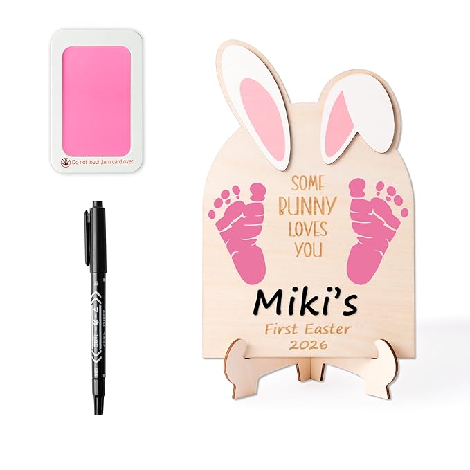 R HORSE Baby DIY Easter Footprint or Handprint Art Sign with Ink Pad, 3D Newborn Bunny Wooden Milestone with Marker Pen, Baby 1st Easter Keepsake Craft Gift Nursery Decor Photo Props for Baby Shower