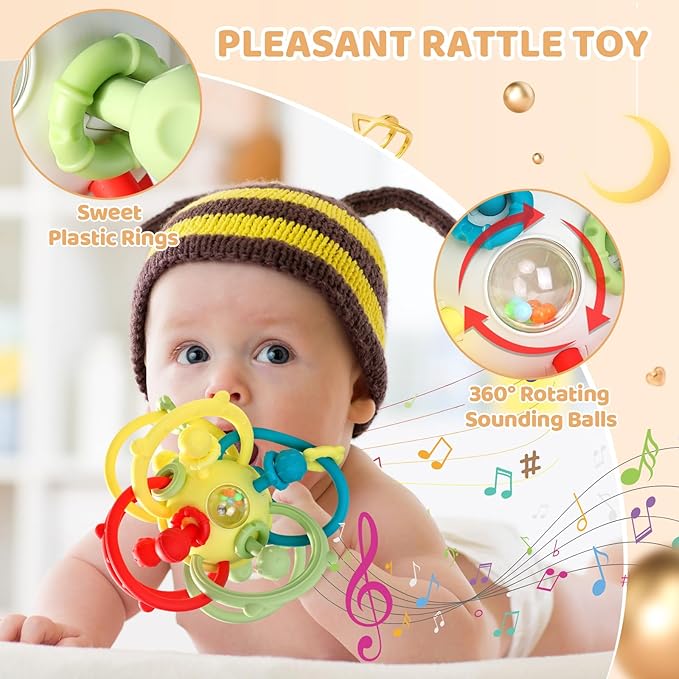 Baby Sensory Teething Toys, Baby Montessori Teether Toys for 0 3 6 9 12 18 Months, Silicone Tummy Time Toy with Rattle Ball for Newborn Infant, Learning Delopmental Gift for Boys Girls, Beige