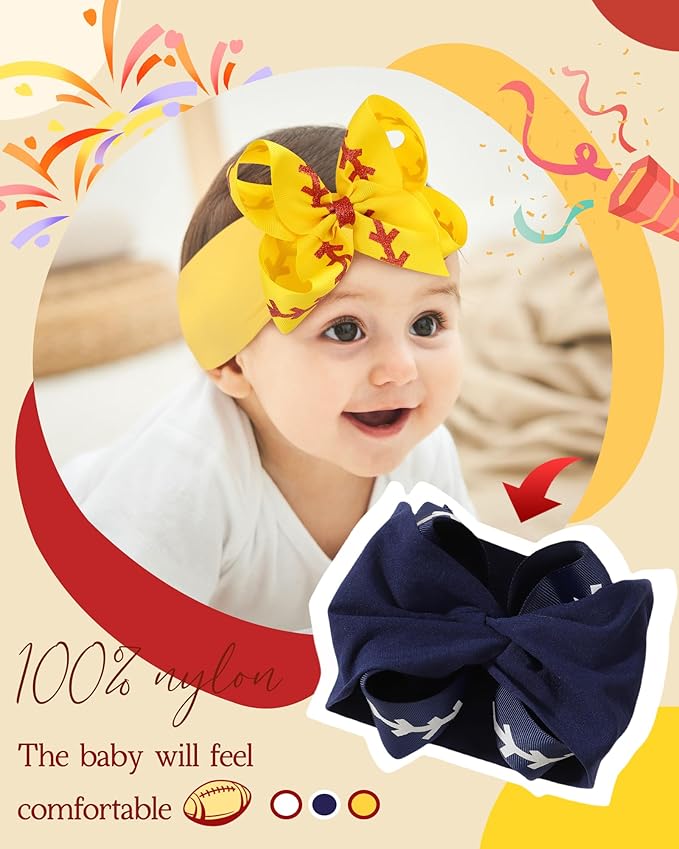 doboi 3PCS Baby Girl Cheer Bows Headbands Nylon Hairbands with Ribbon Bow Handmade Elastic Shiny Baby Hair Bows Headbands for Baby Girls Newborns Infants Toddlers and Kids-Football Sports Printed