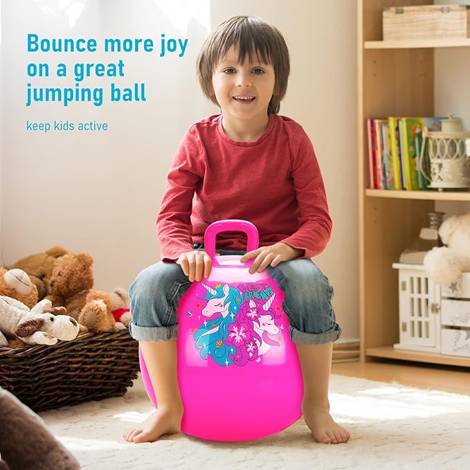 U&C Planet Hopper Ball 18 inches Bouncy Ball with Handle for Kids Age 3-6 Hoppity Hop Sit and Bounce Jumping Hopping Toy with Pump, Great Toddler Girls Toys for Birthday, Pink
