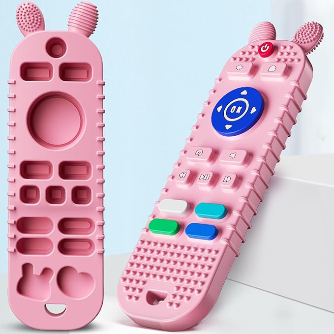 TV Remote Control Shape Baby Teething Toys and Phone Shape Teether Toys for Babies 6-12 Months, Soft Flexible Silicone Chew Toys for Baby - Black Pink