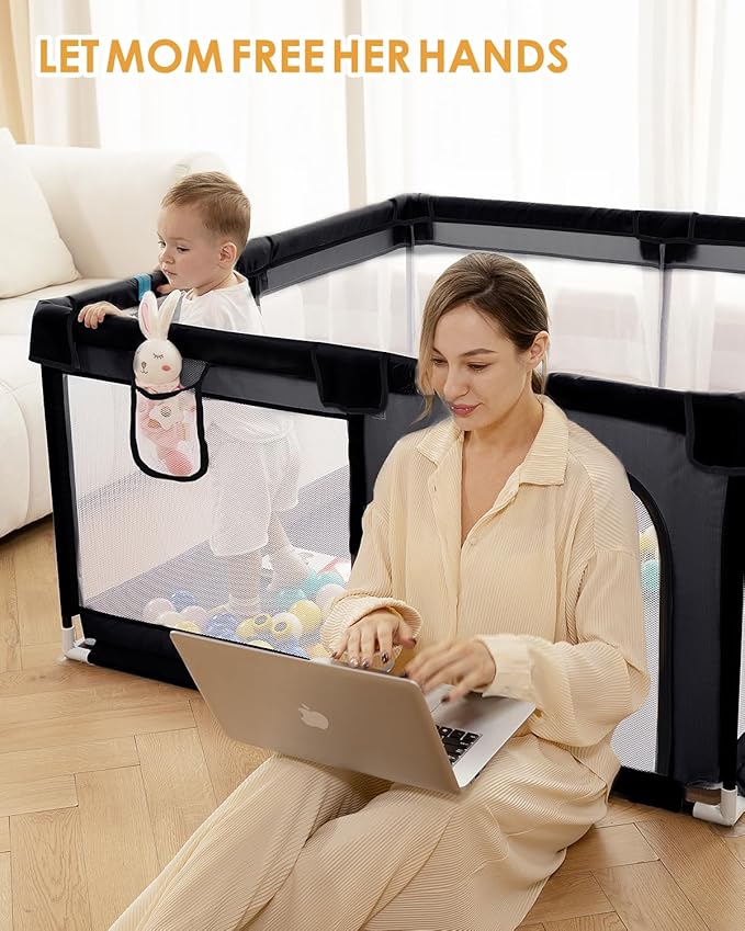 71" x 59" Extra Large Baby Playpen for Babies and Toddlers, Safe Activity Center with Soft Play Fence, Indoor Safety Yard, Easy to Assemble and Clean (Black)