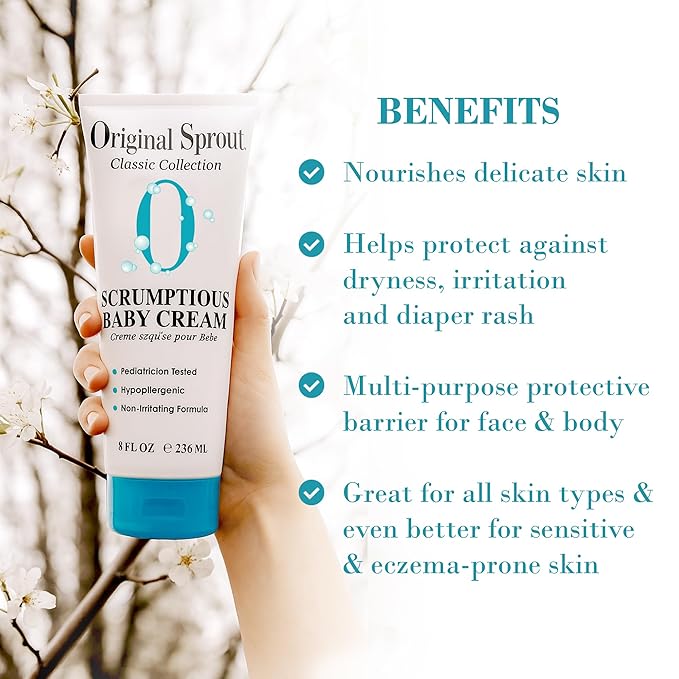 Original Sprout Scrumptious Baby Cream for Sensitive Skin & Diaper Rash, Gentle Non-Greasy Baby Lotion with Zinc Oxide & Calendula, Moisturizing Face & Body Cream, 8 fl oz