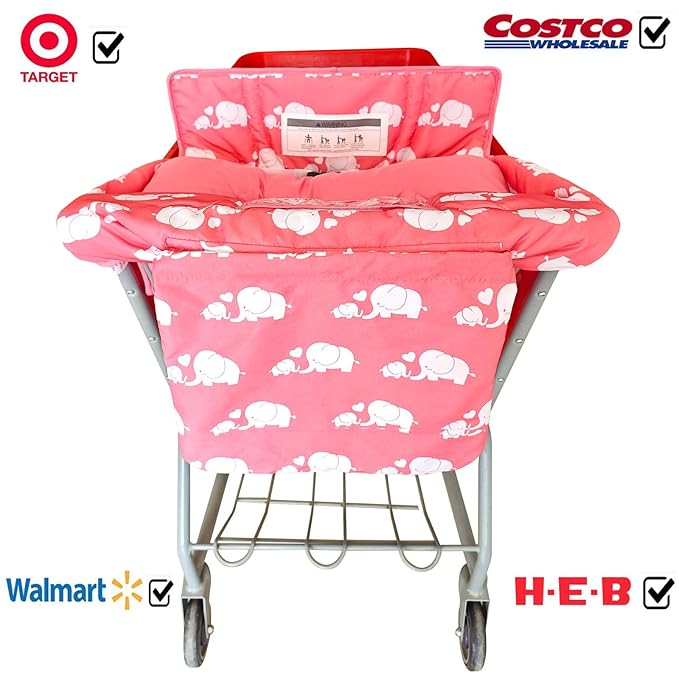 Love&go Soft Pillow Attached 2-in-1 Shopping Cart and High Chair Cover for Baby, Cotton Padded Cart Cover, Fold'n Roll Style, Portable with Carry Bag (Pink Elephant)