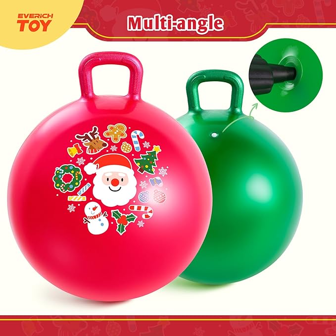 EVERICH TOY 2-Pack Hopper Ball for Kids 18In Sit On Bouncy Ball with Handle with Christmas Reindeer Ears, The Top Green & Red Christmas Boys Girls Gifts for 4 5 6 7 8 Yr Old Indoor Outdoor Active Play