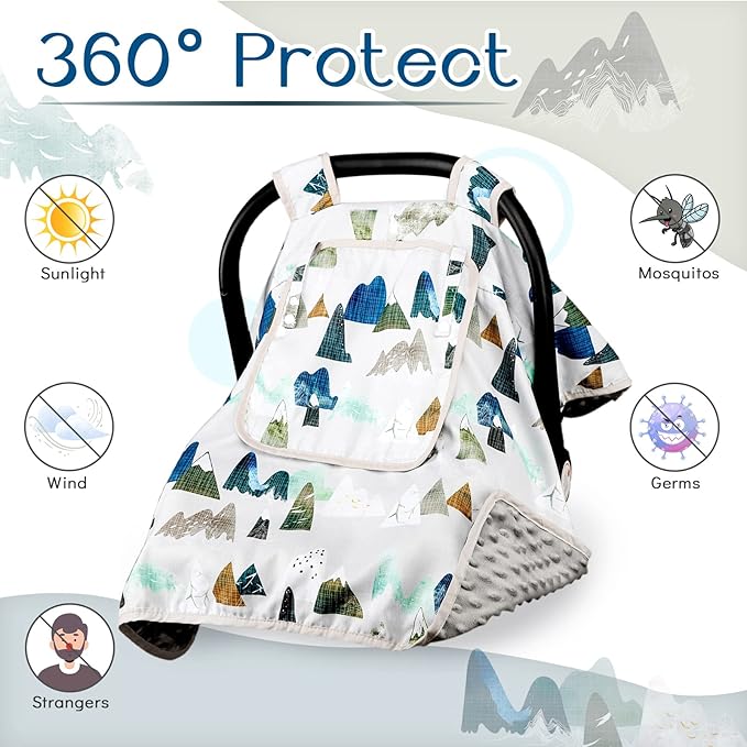 Baby Car Seat Cover, Car Carseat Canopy Boys, Minky Cozy & Warm Cover, Infant Carrier Cover with Peep Windows, Soft & Breathable, Adventure Mountain Nursery Theme