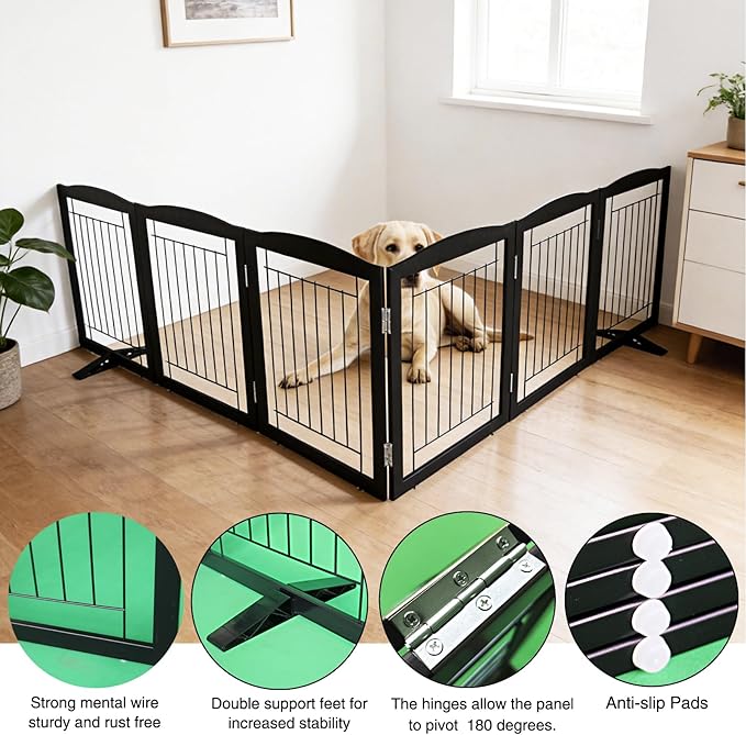 ZJSF Freestanding Dog Fence Indoor, Foldable Dog Gate for Doorways, Stairs or Hallways, Sturdy Wood Extra Wide Pet Gate with Support Feet for The House, Black, 24 "Height-6 Panels